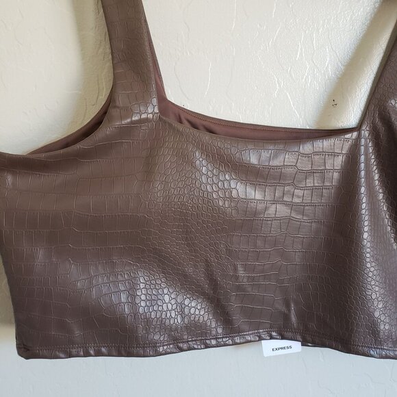 Express Body Contour Faux Croc Leather Crop Top Square Neck Brown Women's XL NEW - Picture 6 of 9